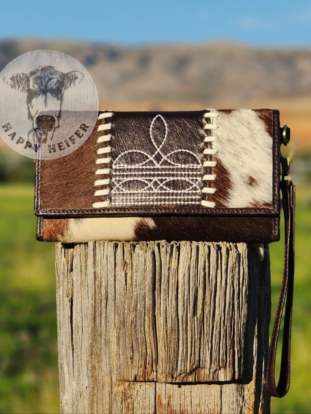 Boot-Stitch and Leather Cowhide Wristlet Wallet